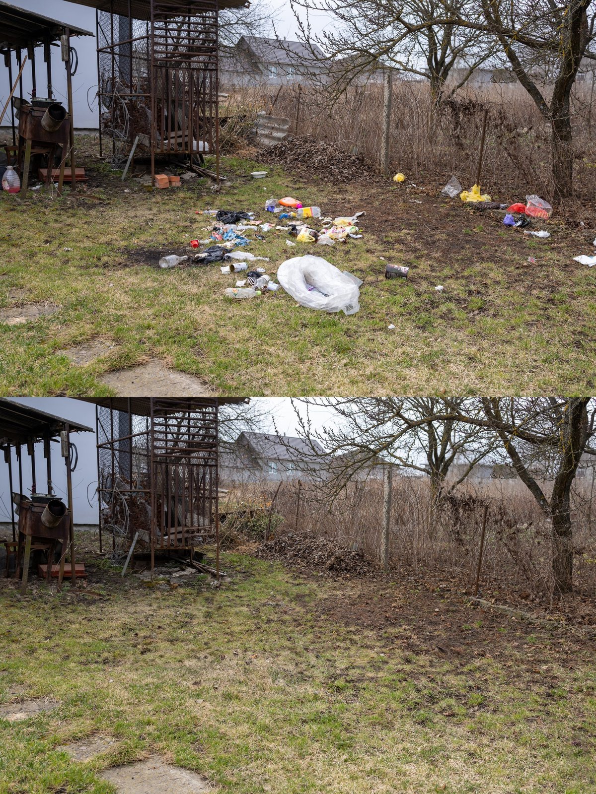 Picture showing what it looks like before and after you clean up. In the first part there is a yard full of trash, in the second part the yard is clean.