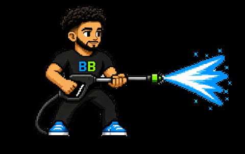 Pixel art character wearing BB shirt firing a blue energy beam from a handheld device